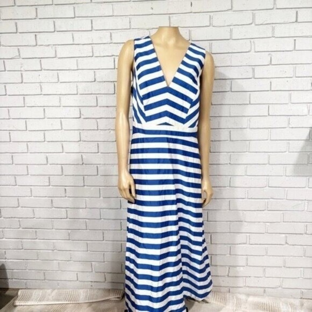 Boden Blue White Striped V-Neck Fit and Flare Midi Dress with Pockets Size 16R - Picture 6 of 14